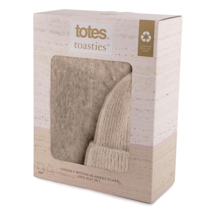 totes toasties® Ladies Chunky Woven Blanket Scarf & Hat Gift Set Oat Extra Image 1